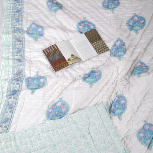 Floral-Buta Hand Block Print Cotton Quilt In Multicolor