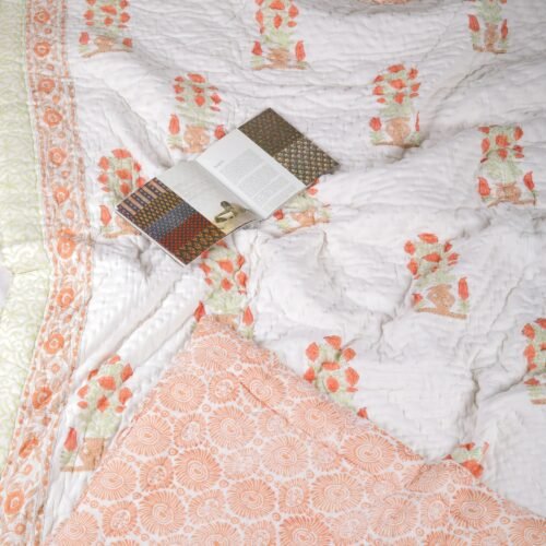Fresh Florals Hand Block Print Cotton Quilt In Both Side