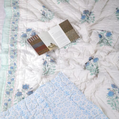 Fresh Firozi Flowers Hand Block Print Cotton Quilt