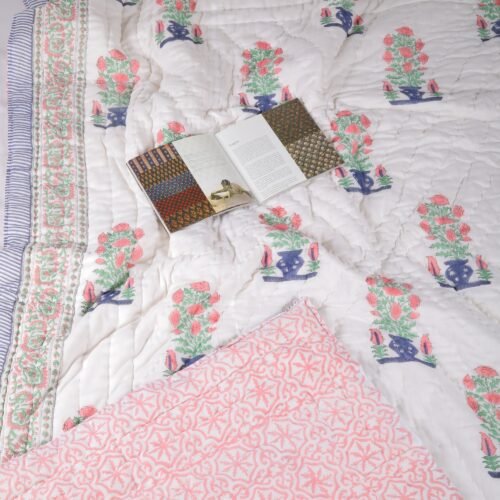 Morning Bloom Hand Block Print Cotton Quilt in Both Side