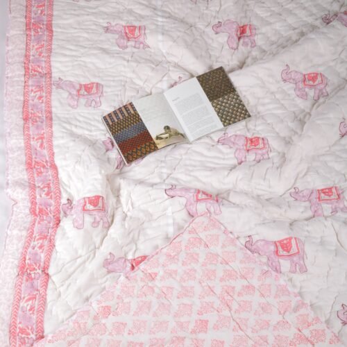 Indian Elephant Hand Block Print Cotton  Quilt In Both Side