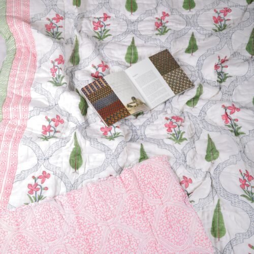 Bloom & Leaf Hand Block Print Cotton Quilt In Both Side