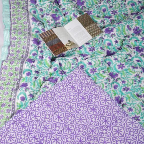 Purple Blossom Hand Block Print Cotton Quilt In Both Side
