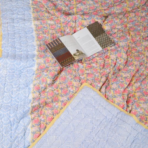 Floral Jaal Hand Block Print Cotton Quilt In Both Side