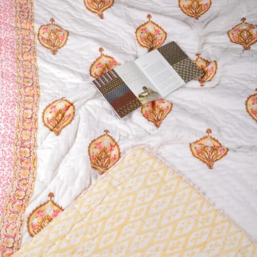 Floral Buta Hand Block Print Cotton Quilt In Both Side