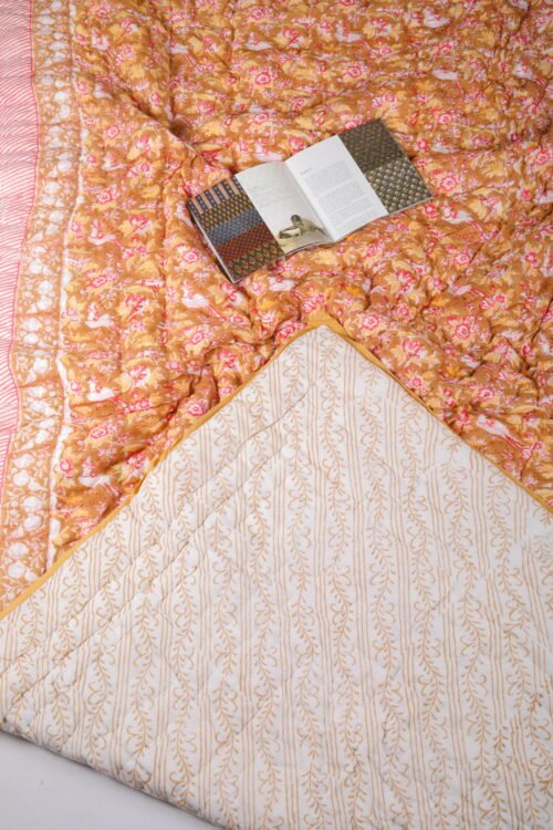 White Parrot In Garden Hand Block Print Cotton Quilt In Both Side - Image 2