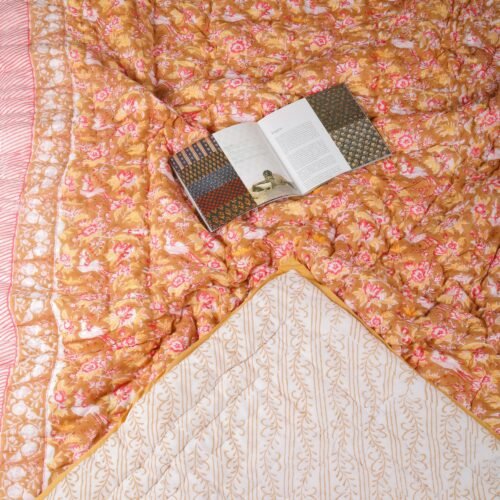 White Parrot In Garden Hand Block Print Cotton Quilt In Both Side