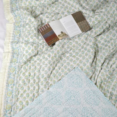 Little Blossom Hand Block Print Cotton Quilt In Both Side