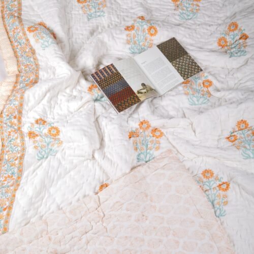 Blooming Flower Hand Block Print Cotton Quilt In Both Side