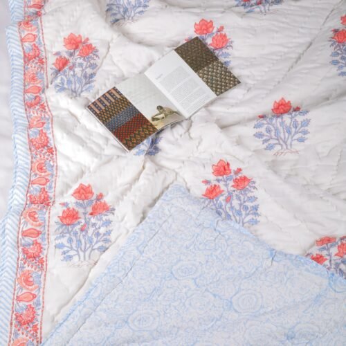 Elegant Flower Field Hand Block Print Cotton Quilt In Multicolor
