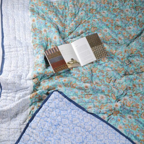 Garden Fragrance Hand Block Print Cotton Quilt In Multicolor