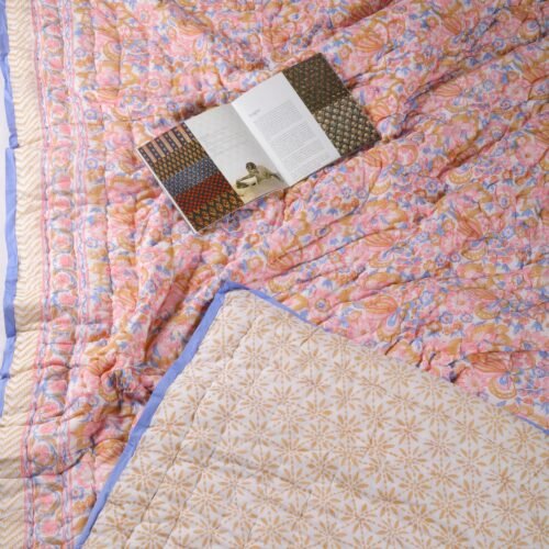 Elegant Floral Jaal Hand Block Print Cotton  Quilt In Both Side