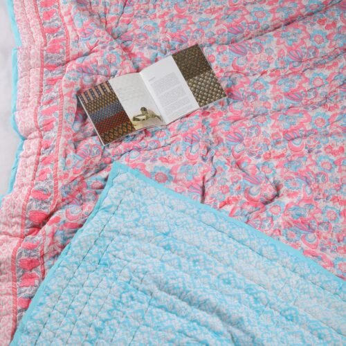 Floral Design Hand Block Print Cotton Quilt In Both Side