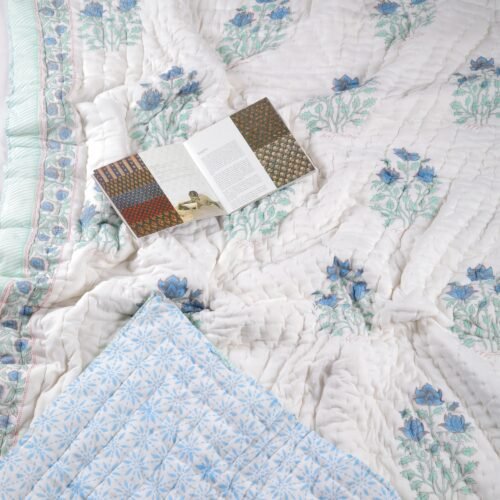 Cottage Garden Vibes Hand Block Print Cotton  Quilt In Both Side