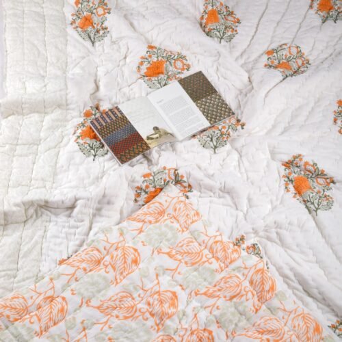 Floral Art Hand Block Print Cotton Quilt In Both Side