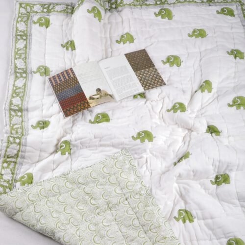 Little Elephant Art Hand Block Print Cotton Quilt