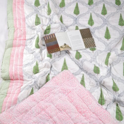 Leaf Print Hand Block Print Cotton Quilt In Both Side