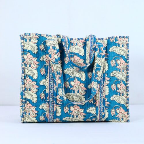 Block Printed Floral Tote Bag In Blue & Multicolor