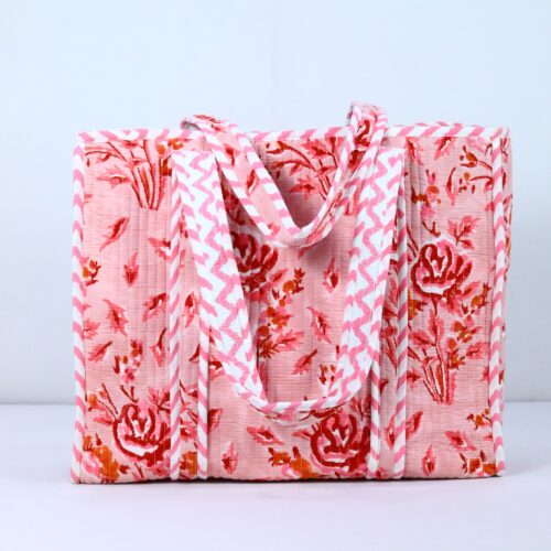 Floral Vibe Block Printed Cotton Tote Bag In Pink