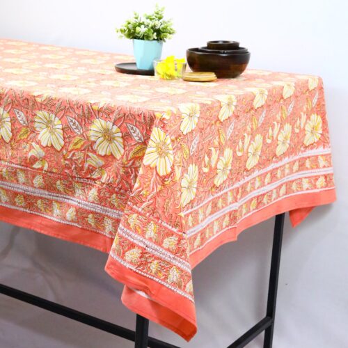 Floral Block Print Table Cover In Orange & Yellow