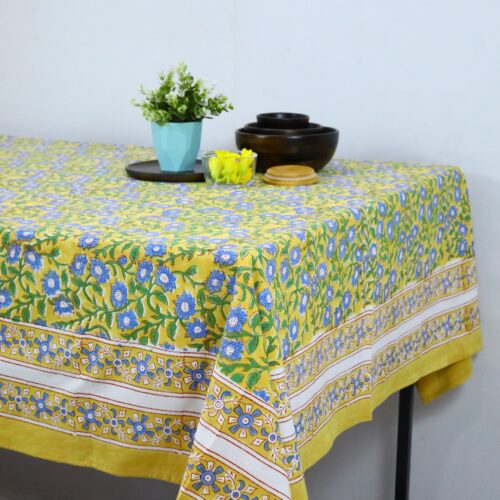 Small Floral Jaal Cotton Block Printed Table Cover Yellow & Multicolor