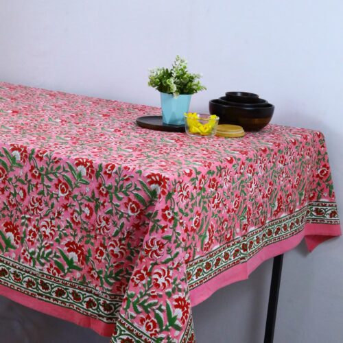 Traditional Hand Block Printed Table Cloth In Pink & Multicolor
