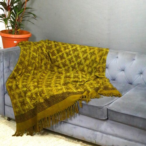 Traditional Bagru & Sanganeri Throw Natural Dyed Cotton In Olive Shade