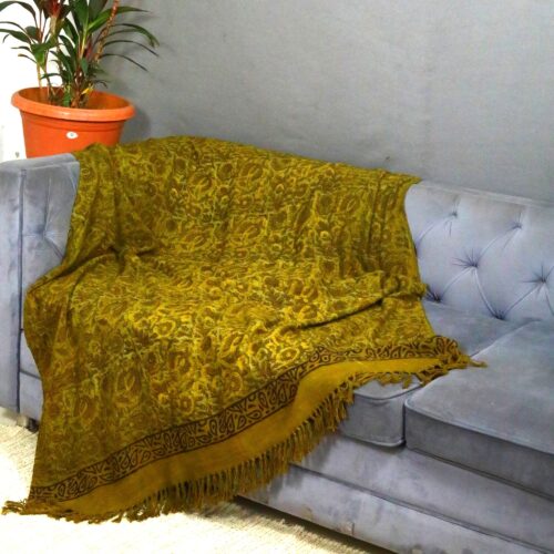 Natural Dyed Cotton Throw Jaal Print In Olive Shade