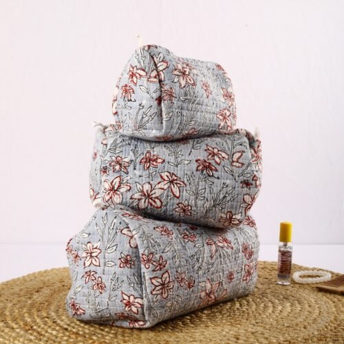 Floral Printed Set Of 3 Cotton Quilted Toiletry Pouches In Gray & Red - Image 3