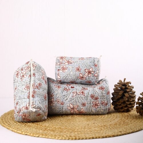 Floral Printed Set Of 3 Cotton Quilted Toiletry Pouches In Gray & Red
