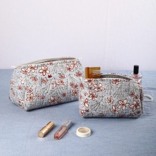 Floral Printed Set Of 3 Cotton Quilted Toiletry Pouches In Gray & Red - Image 4