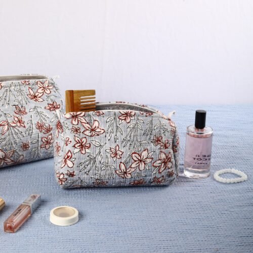 Floral Printed Set Of 3 Cotton Quilted Toiletry Pouches In Gray & Red - Image 6
