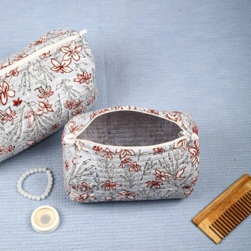 Floral Printed Set Of 3 Cotton Quilted Toiletry Pouches In Gray & Red - Image 8
