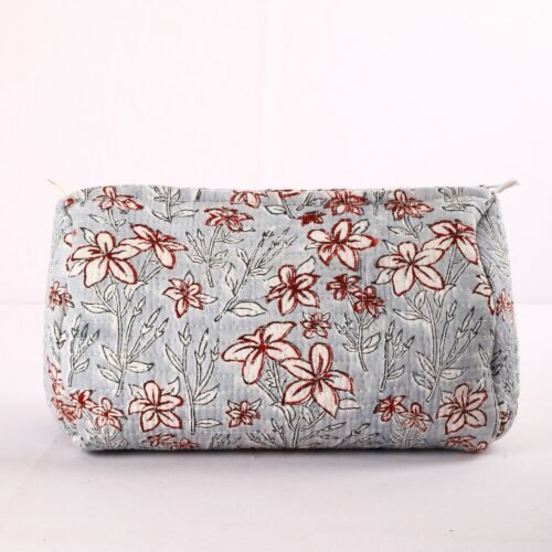 Floral Printed Set Of 3 Cotton Quilted Toiletry Pouches In Gray & Red - Image 5