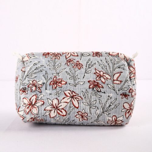 Floral Printed Set Of 3 Cotton Quilted Toiletry Pouches In Gray & Red - Image 2