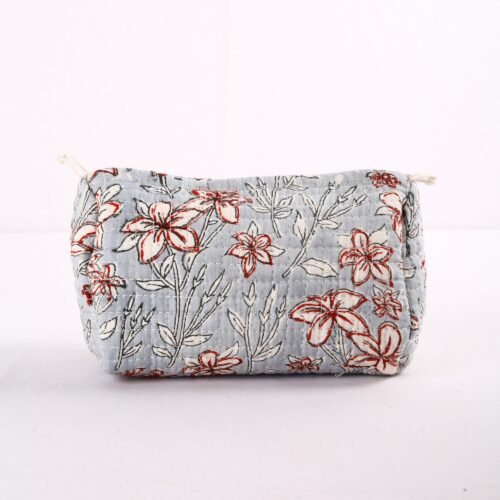 Floral Printed Set Of 3 Cotton Quilted Toiletry Pouches In Gray & Red - Image 7
