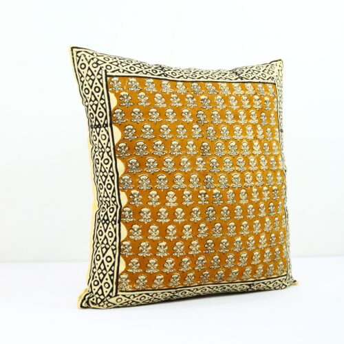 Floral Buta Print Syahi Begar Block Printed Cushion In Yellow - Image 3