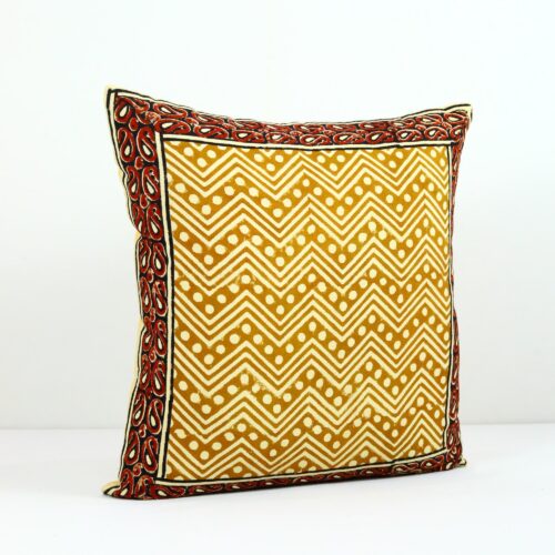 Heritage Bagru Syahi Begar Block Printed Cushion Cover In Yellow & Red - Image 3