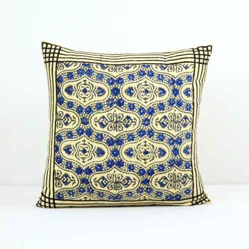 Traditional Syahi Begar Block Printed Cushion Cover In Blue & Multicolor - Image 2