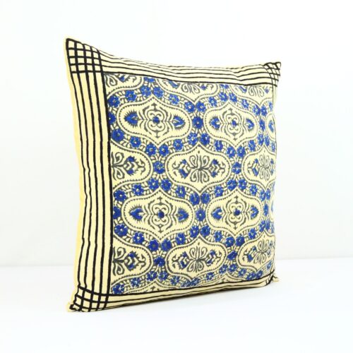 Traditional Syahi Begar Block Printed Cushion Cover In Blue & Multicolor - Image 3