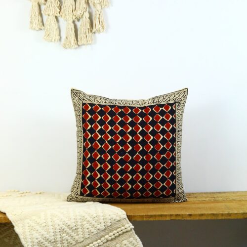 Classic Syahi Begar Block Printed Cushion Cover In Red, Black & Multicolor - Image 4