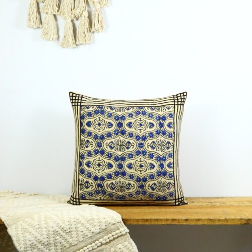 Traditional Syahi Begar Block Printed Cushion Cover In Blue & Multicolor - Image 4