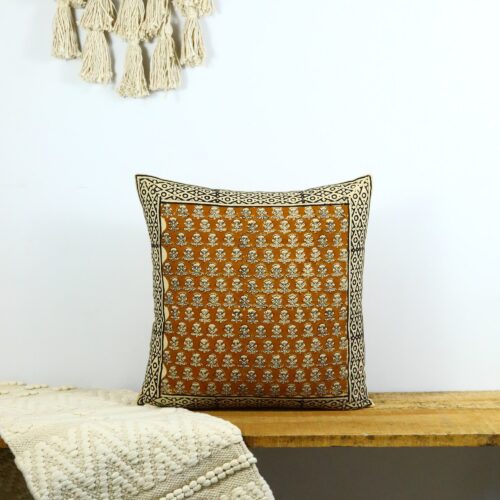 Floral Buta Print Syahi Begar Block Printed Cushion In Yellow - Image 4