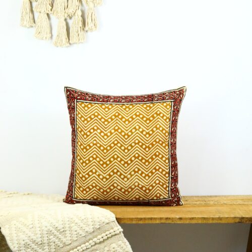 Heritage Bagru Syahi Begar Block Printed Cushion Cover In Yellow & Red - Image 4