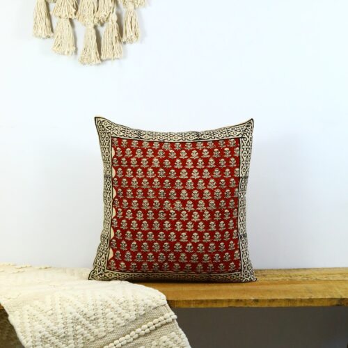 Floral Buta Print Syahi Begar Block Printed Cushion In Red - Image 4