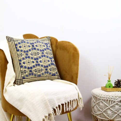 Traditional Syahi Begar Block Printed Cushion Cover In Blue & Multicolor - Image 5