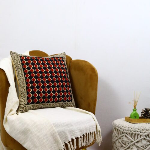 Classic Syahi Begar Block Printed Cushion Cover In Red, Black & Multicolor - Image 5
