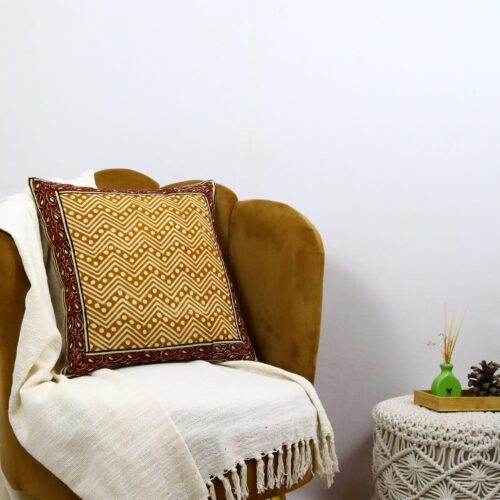 Heritage Bagru Syahi Begar Block Printed Cushion Cover In Yellow & Red - Image 5