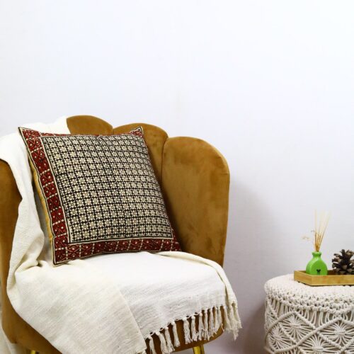 Canvas Cotton Syahi Begar Block Printed Cushion In Black & Multicolor - Image 5