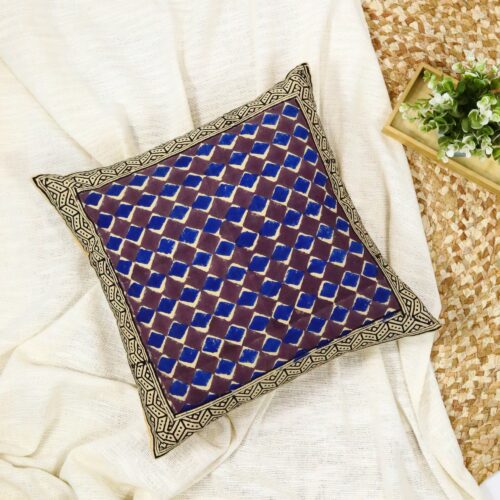 Artisanal Syahi Begar Block Printed Cushion Cover In Blue & Multicolor